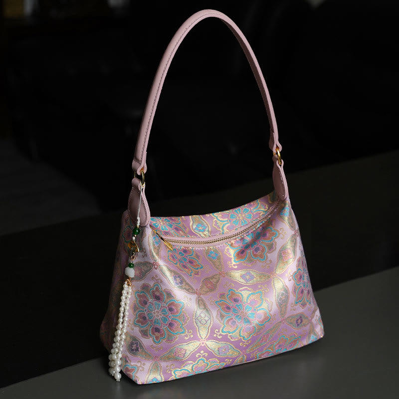 Bolso bandolera con brocado de seda Xiangyunsha con diseño de Buddha Stones, loto, bambú, grulla, ciervo, mariposa, montaña