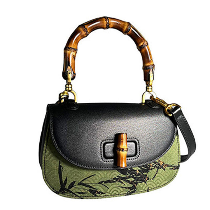 Bolso bandolera de Buddha Stones Xiangyunsha con asa de bambú curvada y piedras de Buda