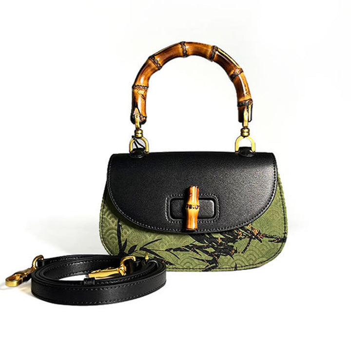 Bolso bandolera de Buddha Stones Xiangyunsha con asa de bambú curvada y piedras de Buda