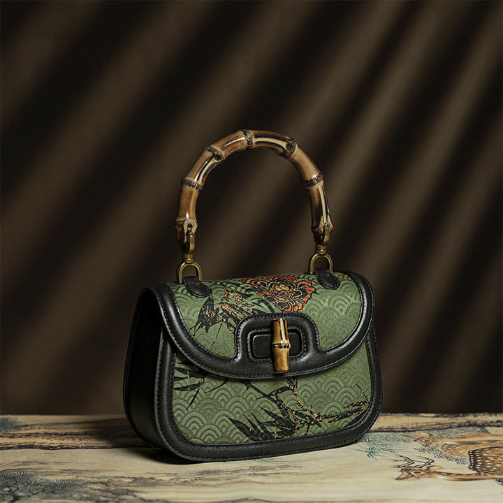 Bolso bandolera de seda Xiangyunsha con asa de bambú y flores Buddha Stones
