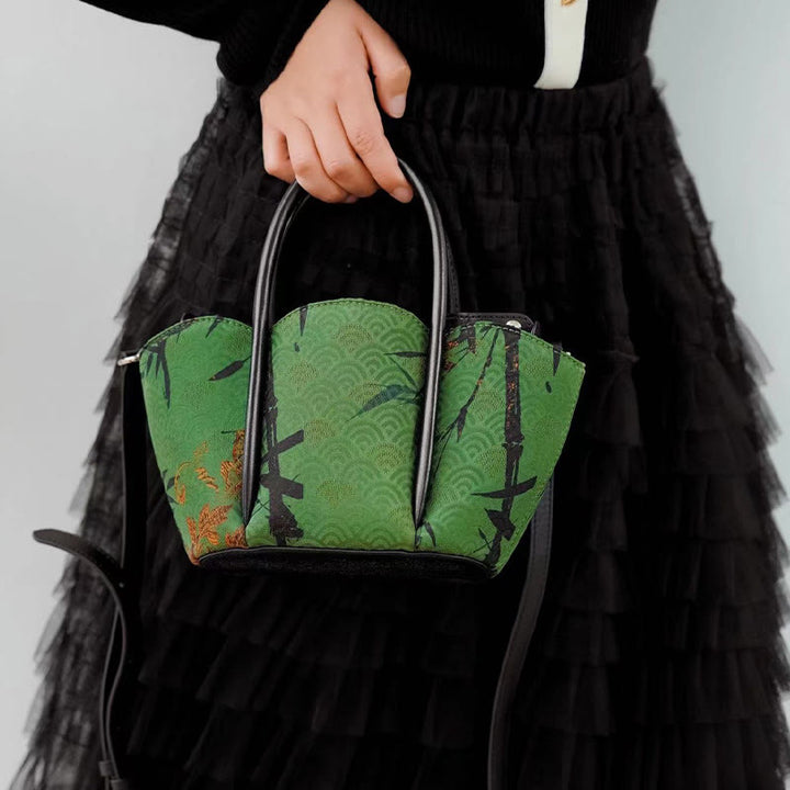 Bolso bandolera de seda Xiangyunsha con forma de flor de bambú y piedras de Buddha Stones