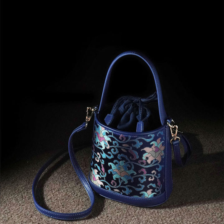 Bolso bandolera con brocado y ramas entrelazadas de loto retro y Buddha Stones