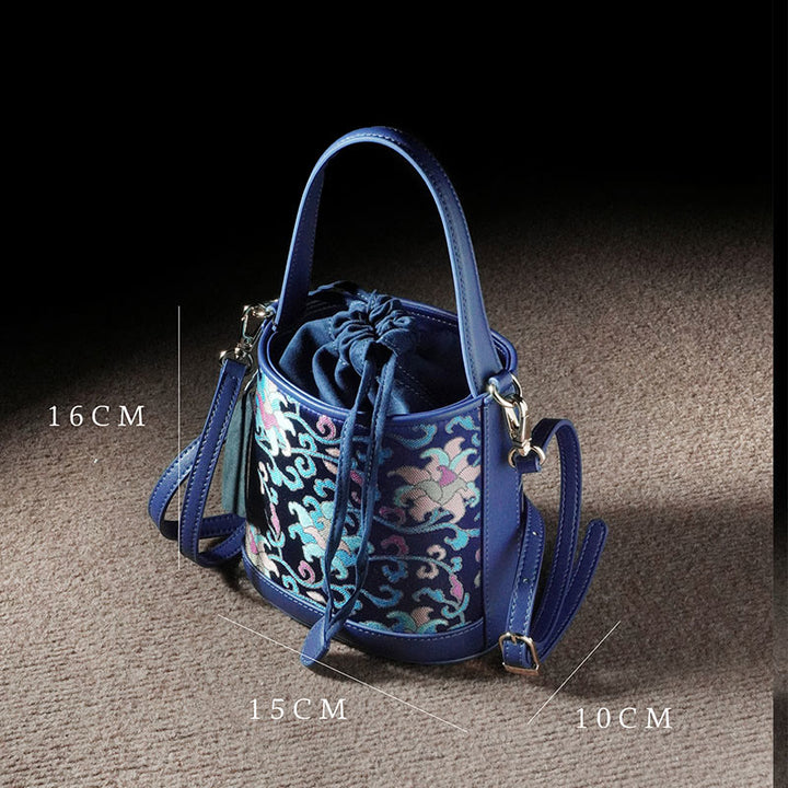 Bolso bandolera con brocado y ramas entrelazadas de loto retro y Buddha Stones