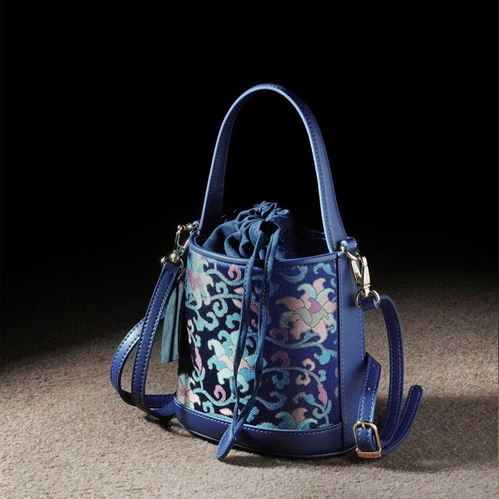 Bolso bandolera con brocado y ramas entrelazadas de loto retro y Buddha Stones