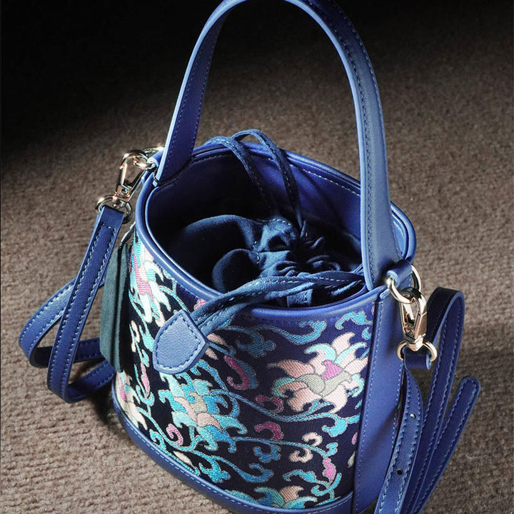 Bolso bandolera con brocado y ramas entrelazadas de loto retro y Buddha Stones