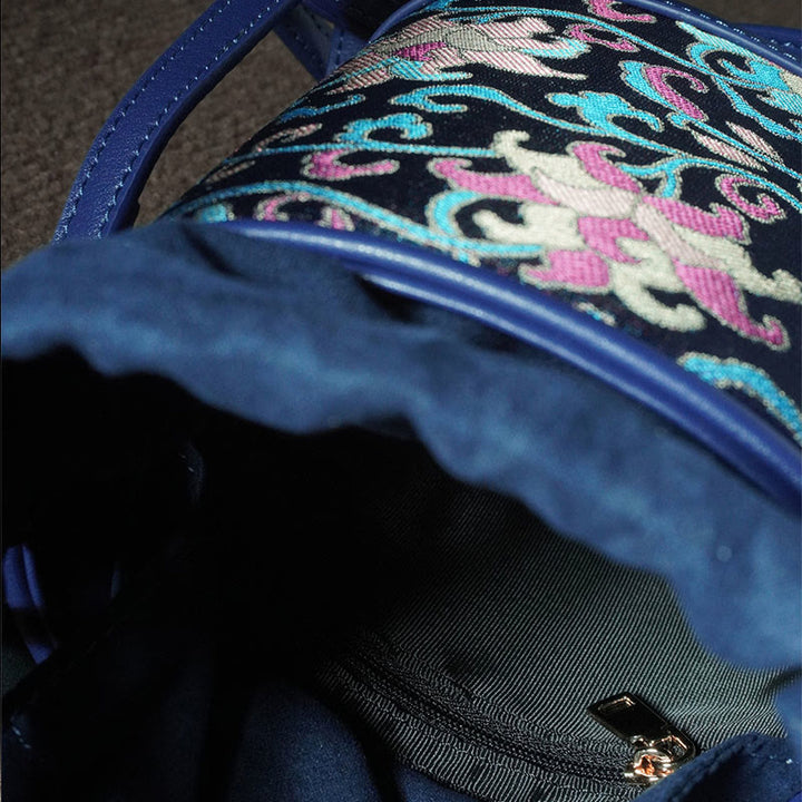 Bolso bandolera con brocado y ramas entrelazadas de loto retro y Buddha Stones