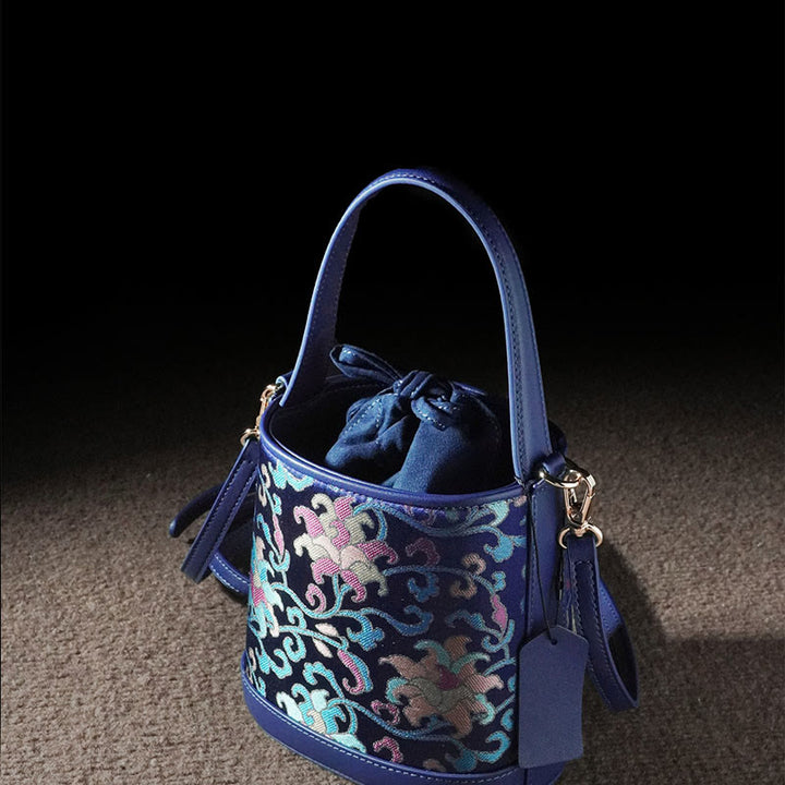 Bolso bandolera con brocado y ramas entrelazadas de loto retro y Buddha Stones