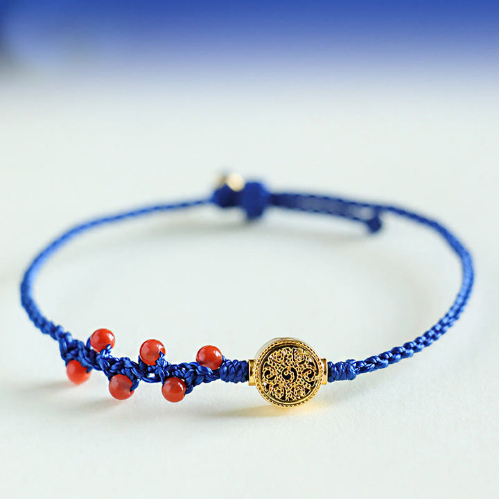 Pulsera Flower Power de cobre, granate, ágata roja del sur y hilo azul Klein de Buddha Stones