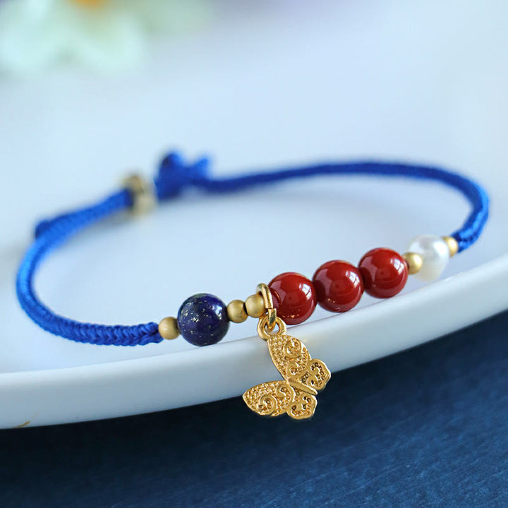 Pulsera con Buddha Stones, hilo azul Klein, ágata roja del sur, granate, aventurina azul, lazurita, mariposa de cobre, carácter Fu positivo