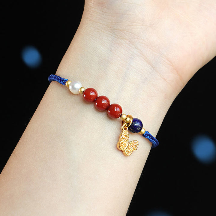 Pulsera con Buddha Stones, hilo azul Klein, ágata roja del sur, granate, aventurina azul, lazurita, mariposa de cobre, carácter Fu positivo