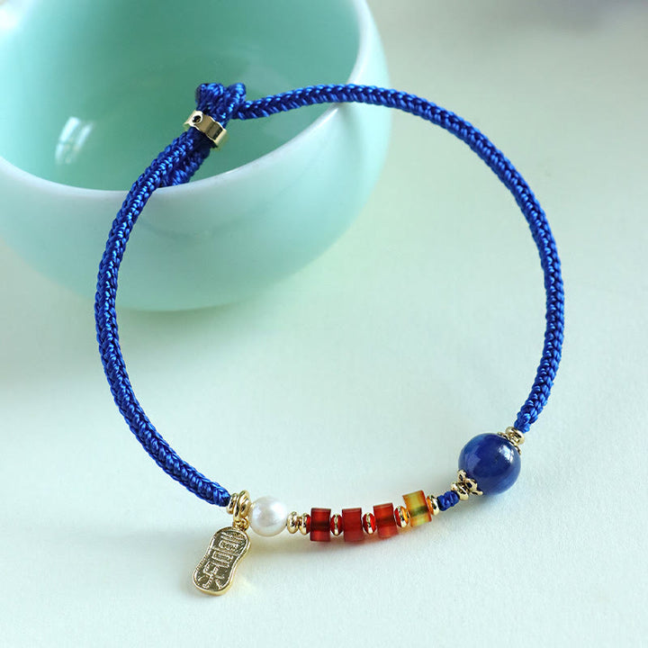 Pulsera con Buddha Stones, hilo azul Klein, ágata roja del sur, granate, aventurina azul, lazurita, mariposa de cobre, carácter Fu positivo
