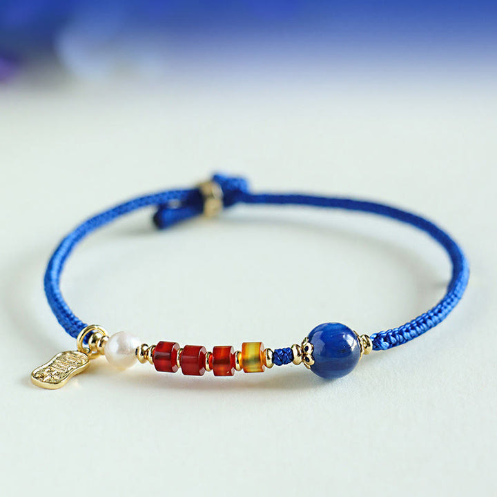Pulsera con Buddha Stones, hilo azul Klein, ágata roja del sur, granate, aventurina azul, lazurita, mariposa de cobre, carácter Fu positivo