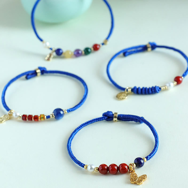 Pulsera con Buddha Stones, hilo azul Klein, ágata roja del sur, granate, aventurina azul, lazurita, mariposa de cobre, carácter Fu positivo
