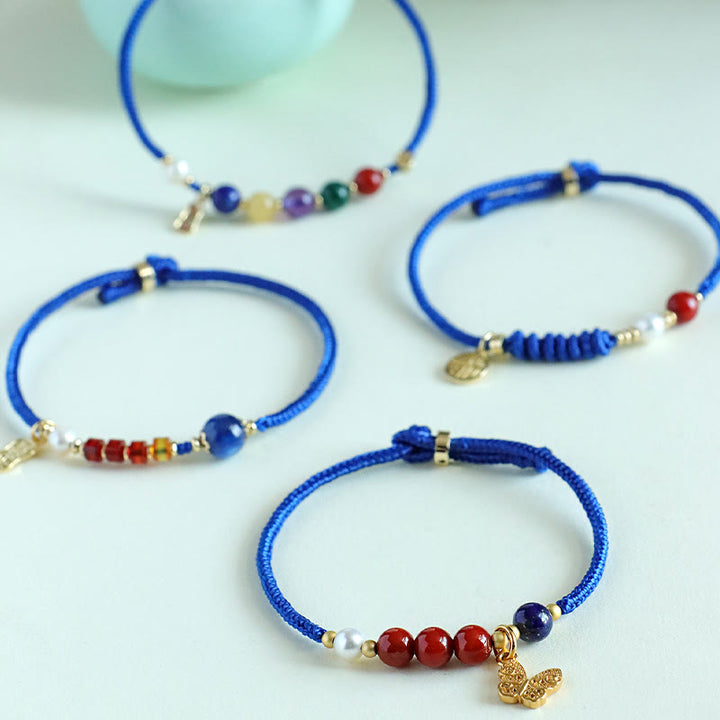Pulsera con Buddha Stones, hilo azul Klein, ágata roja del sur, granate, aventurina azul, lazurita, mariposa de cobre, carácter Fu positivo