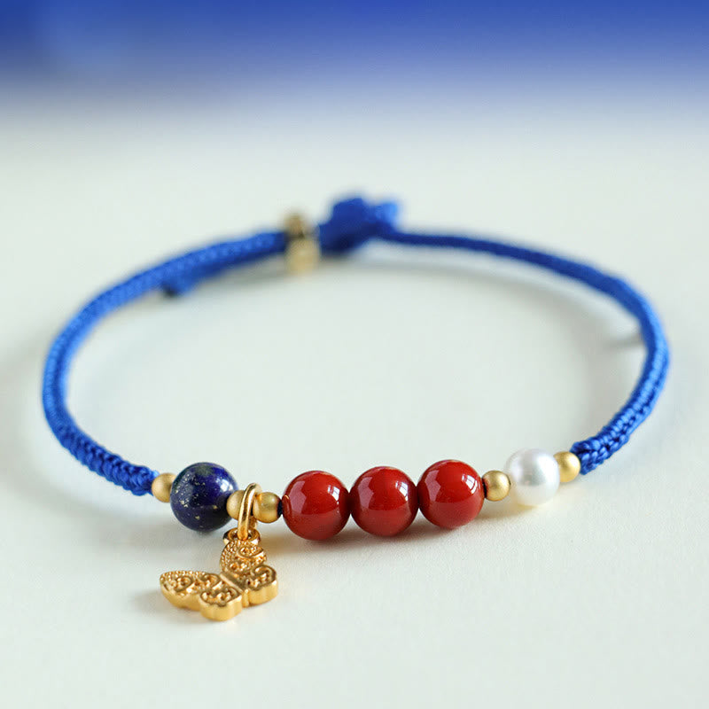 Pulsera con Buddha Stones, hilo azul Klein, ágata roja del sur, granate, aventurina azul, lazurita, mariposa de cobre, carácter Fu positivo
