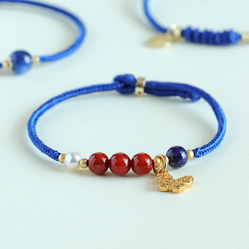 Pulsera con Buddha Stones, hilo azul Klein, ágata roja del sur, granate, aventurina azul, lazurita, mariposa de cobre, carácter Fu positivo