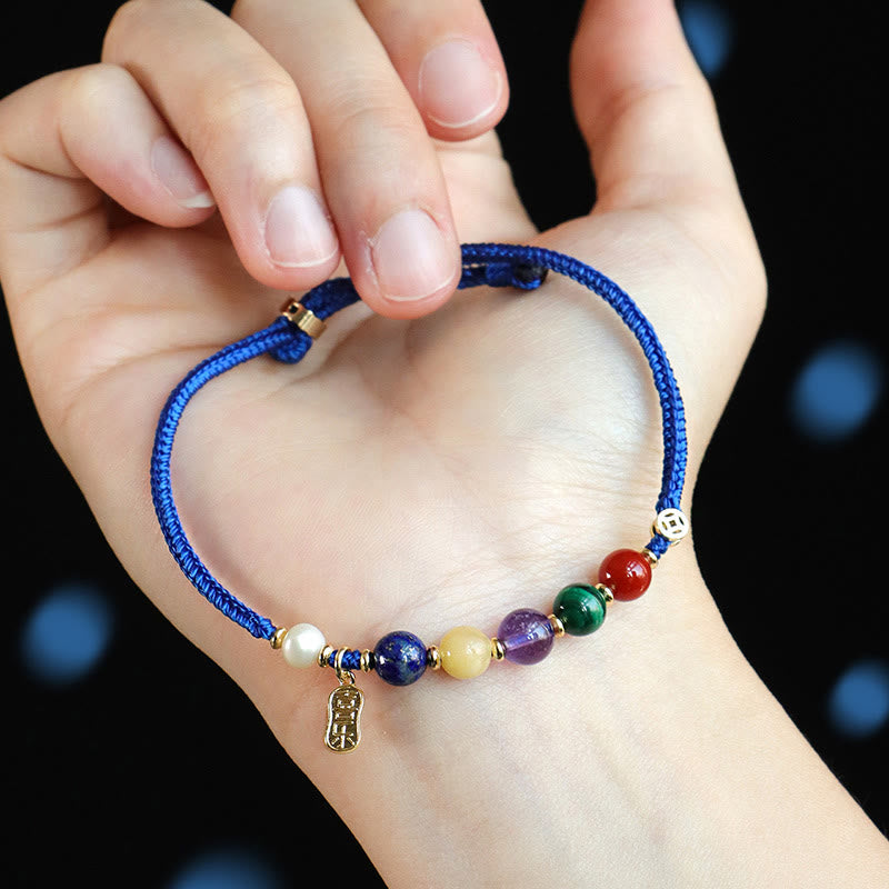 Pulsera con Buddha Stones, hilo azul Klein, ágata roja del sur, granate, aventurina azul, lazurita, mariposa de cobre, carácter Fu positivo