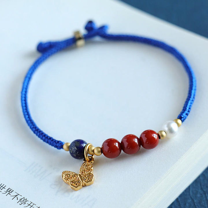 Pulsera con Buddha Stones, hilo azul Klein, ágata roja del sur, granate, aventurina azul, lazurita, mariposa de cobre, carácter Fu positivo
