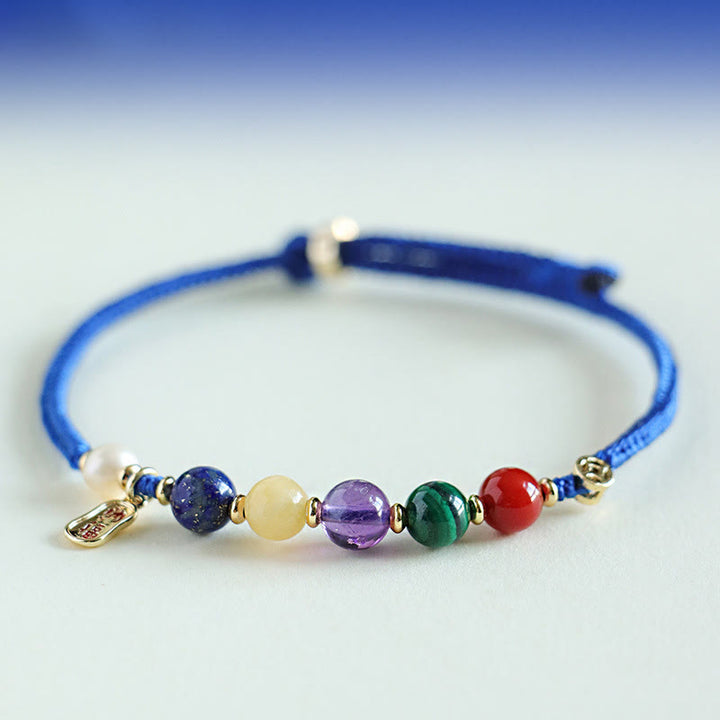 Pulsera con Buddha Stones, hilo azul Klein, ágata roja del sur, granate, aventurina azul, lazurita, mariposa de cobre, carácter Fu positivo