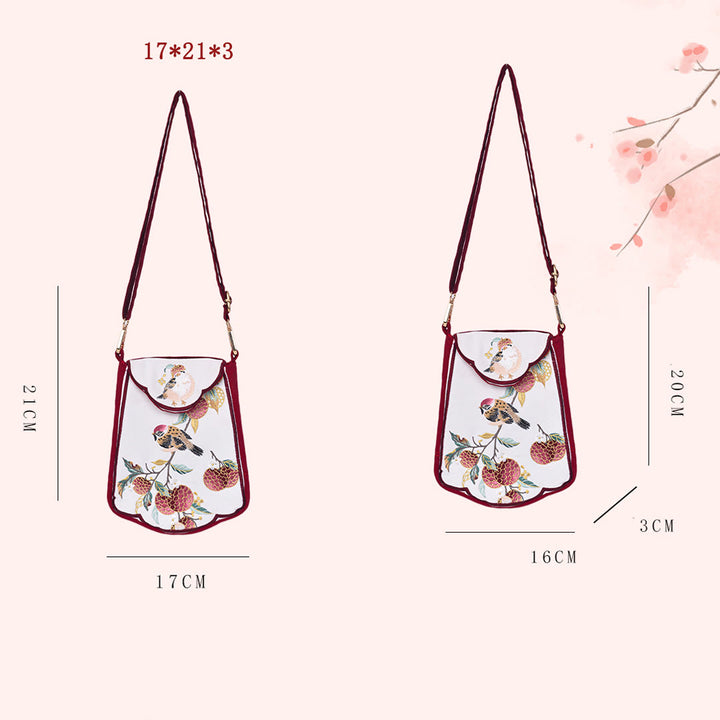 Bolso bandolera con borlas bordadas con lichi y urraca de Buddha Stones