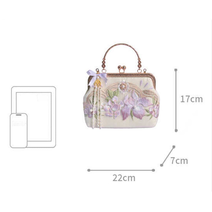 Bolso bandolera con cadena de metal y perlas y colgante de borlas bordadas con flores y piedras de Buddha Stones