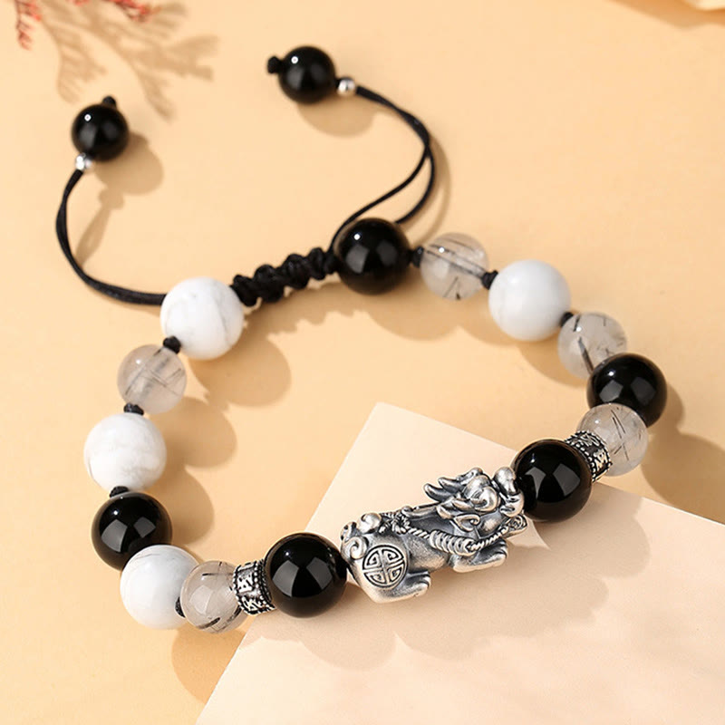 Pulsera de la suerte con seis palabras verdaderas y obsidiana negra y turquesa blanca y crisoberilo de plata de ley 999 con Buddha Stones Pi Xiu - image 1