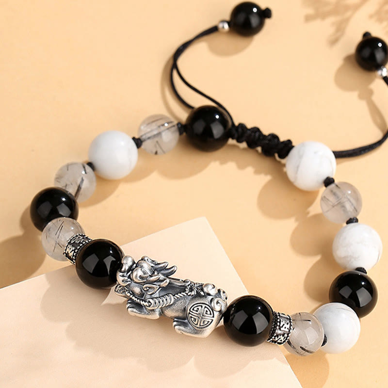 Pulsera de la suerte con seis palabras verdaderas y obsidiana negra y turquesa blanca y crisoberilo de plata de ley 999 con Buddha Stones Pi Xiu - image 2