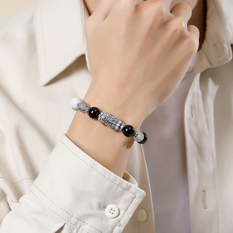 Pulsera de la suerte con seis palabras verdaderas y obsidiana negra y turquesa blanca y crisoberilo de plata de ley 999 con Buddha Stones Pi Xiu - image 4