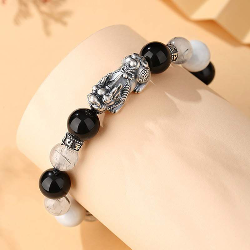 Pulsera de la suerte con seis palabras verdaderas y obsidiana negra y turquesa blanca y crisoberilo de plata de ley 999 con Buddha Stones Pi Xiu - image 3