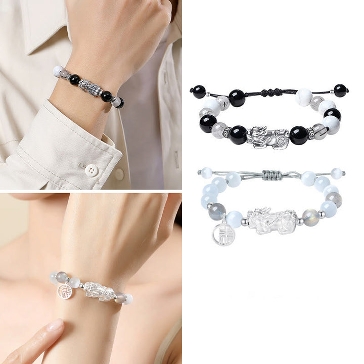 Pulsera de la suerte con seis palabras verdaderas y obsidiana negra y turquesa blanca y crisoberilo de plata de ley 999 con Buddha Stones Pi Xiu - image 18