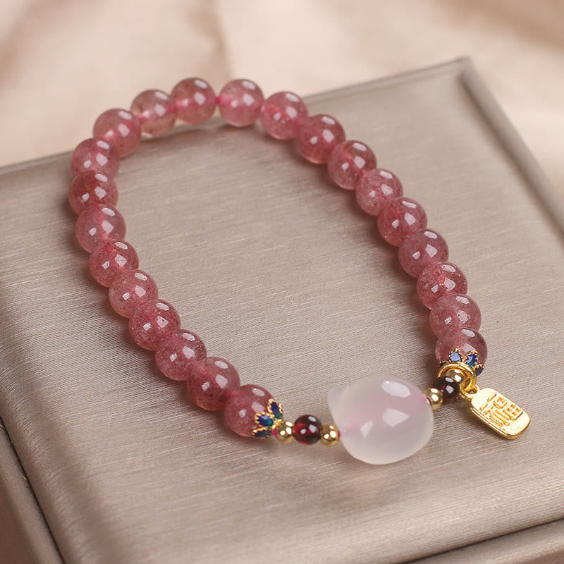 Pulsera curativa con personajes de Buddha Stones, cuarzo fresa y jade blanco y gato Fu - image 9