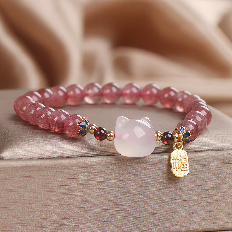 Pulsera curativa con personajes de Buddha Stones, cuarzo fresa y jade blanco y gato Fu - image 3