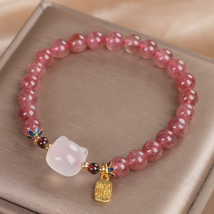 Pulsera curativa con personajes de Buddha Stones, cuarzo fresa y jade blanco y gato Fu - image 12