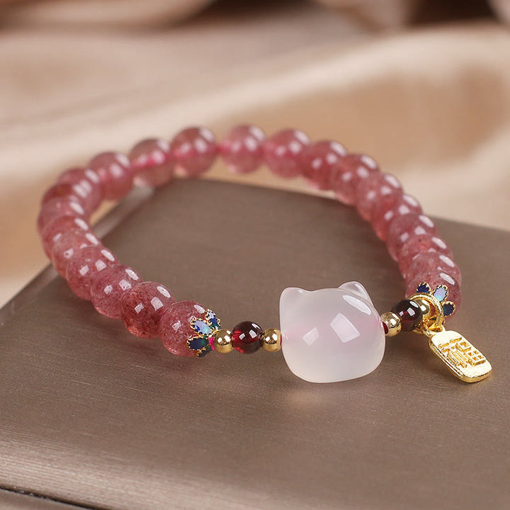 Pulsera curativa con personajes de Buddha Stones, cuarzo fresa y jade blanco y gato Fu - image 5