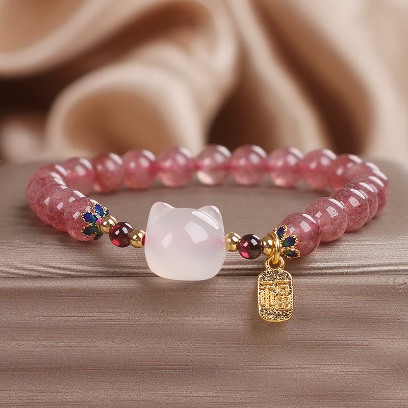 Pulsera curativa con personajes de Buddha Stones, cuarzo fresa y jade blanco y gato Fu - Cuarzo fresa y jade blanco (circunferencia de la muñeca: 14-16 cm) - image 1