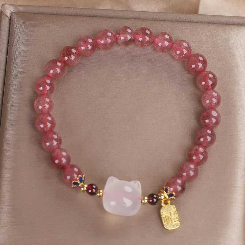 Pulsera curativa con personajes de Buddha Stones, cuarzo fresa y jade blanco y gato Fu - image 11
