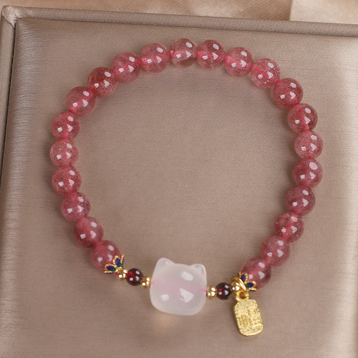 Pulsera curativa con personajes de Buddha Stones, cuarzo fresa y jade blanco y gato Fu - image 11
