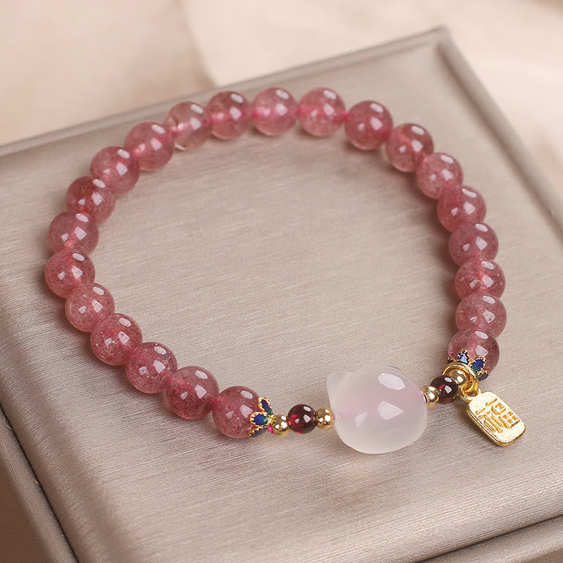 Pulsera curativa con personajes de Buddha Stones, cuarzo fresa y jade blanco y gato Fu - image 10
