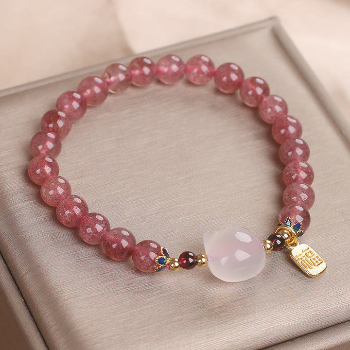 Pulsera curativa con personajes de Buddha Stones, cuarzo fresa y jade blanco y gato Fu - image 10