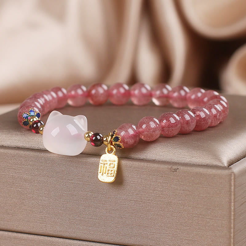 Pulsera curativa con personajes de Buddha Stones, cuarzo fresa y jade blanco y gato Fu - image 2
