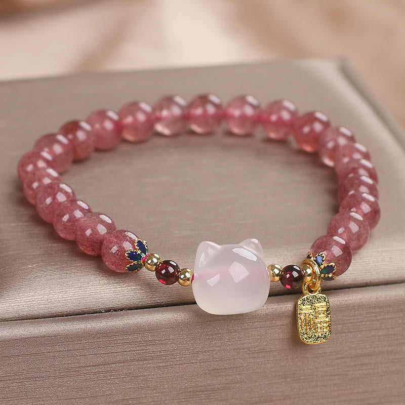 Pulsera curativa con personajes de Buddha Stones, cuarzo fresa y jade blanco y gato Fu - image 4