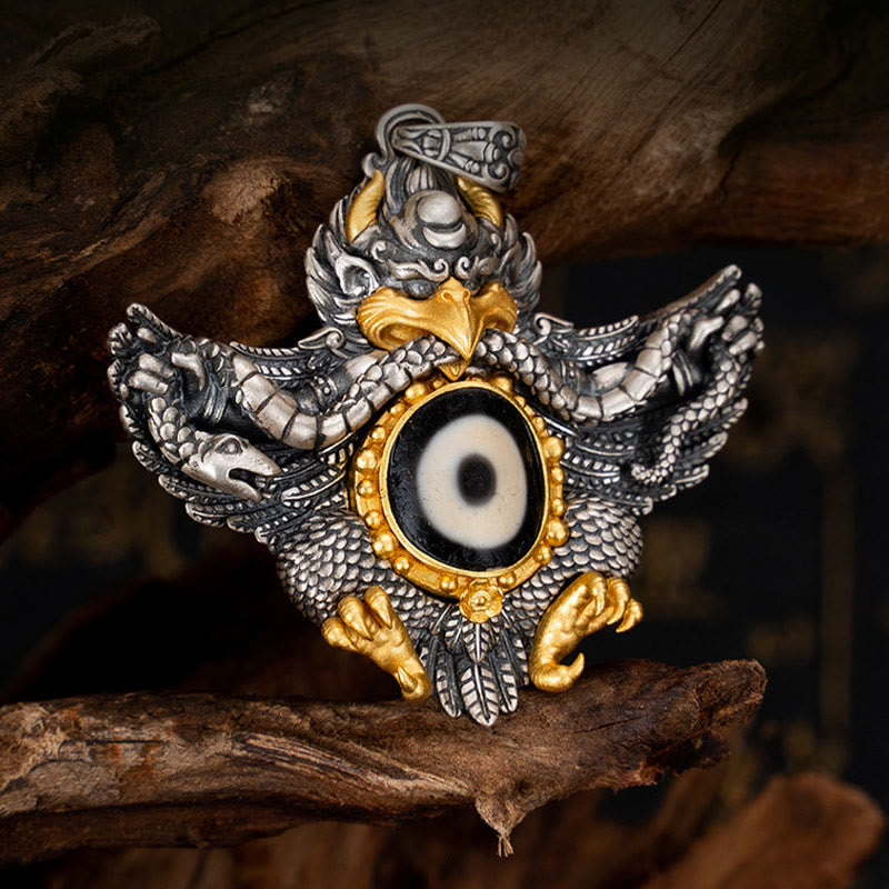 Collar con colgante de Buddha Stones de plata de ley 925 con cuentas de pájaro Garuda tibetano Dzi