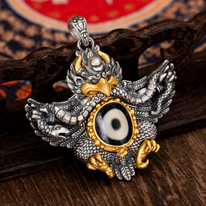 Collar con colgante de Buddha Stones de plata de ley 925 con cuentas de pájaro Garuda tibetano Dzi