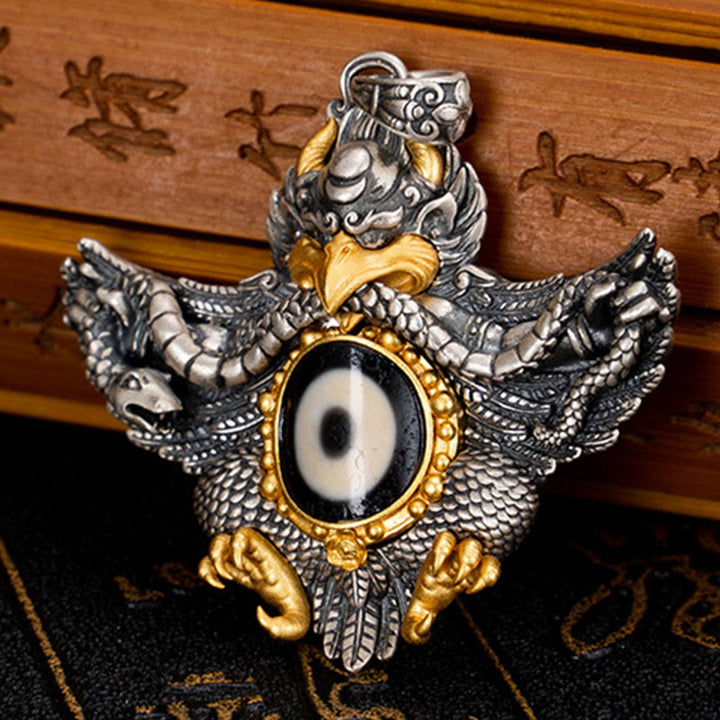 Collar con colgante de Buddha Stones de plata de ley 925 con cuentas de pájaro Garuda tibetano Dzi