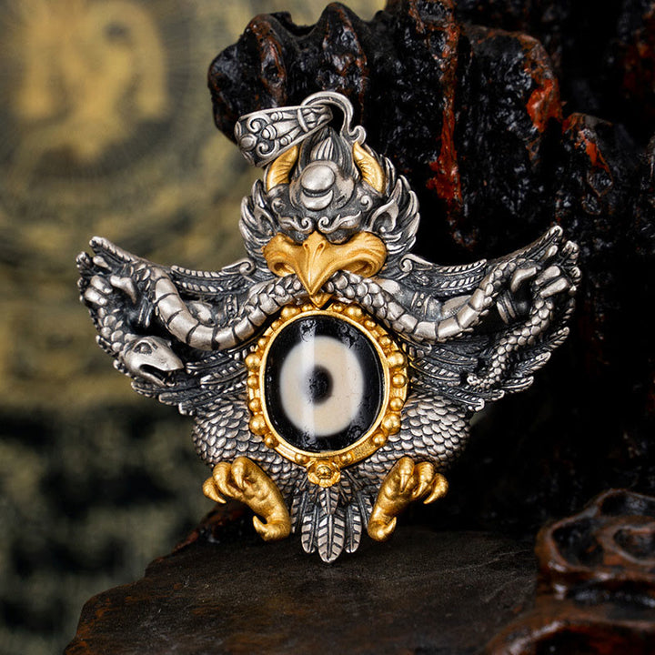 Collar con colgante de Buddha Stones de plata de ley 925 con cuentas de pájaro Garuda tibetano Dzi