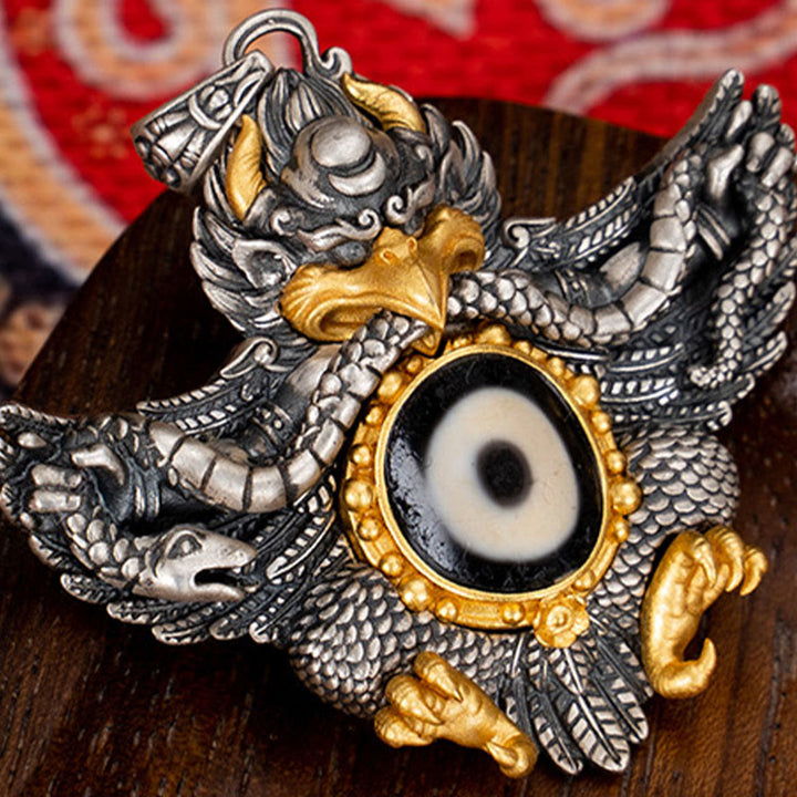 Collar con colgante de Buddha Stones de plata de ley 925 con cuentas de pájaro Garuda tibetano Dzi