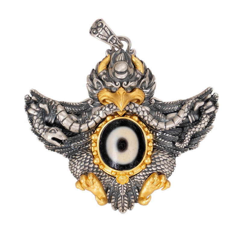 Collar con colgante de Buddha Stones de plata de ley 925 con cuentas de pájaro Garuda tibetano Dzi
