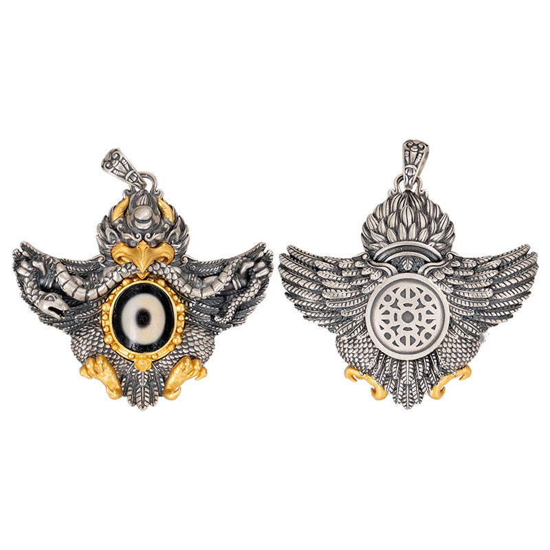 Collar con colgante de Buddha Stones de plata de ley 925 con cuentas de pájaro Garuda tibetano Dzi