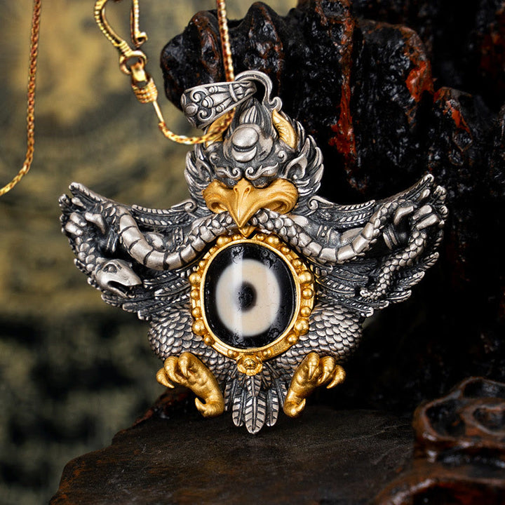 Collar con colgante de Buddha Stones de plata de ley 925 con cuentas de pájaro Garuda tibetano Dzi