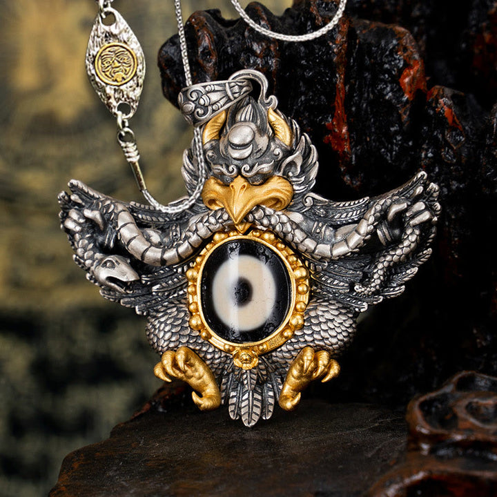 Collar con colgante de Buddha Stones de plata de ley 925 con cuentas de pájaro Garuda tibetano Dzi